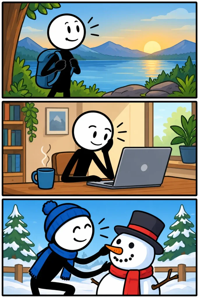 Stripafbeelding over glimlachen in drie kleurrijke panelen: tijdens een wandeling bij een bergmeer, ontspannen achter een laptop met een warme drank en vrolijk samen met een sneeuwpop in een winters landschap.