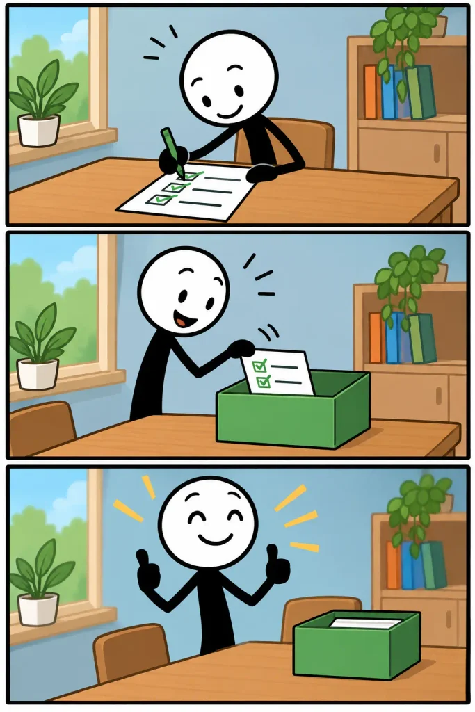 Een vrolijke strip in drie panelen waarin Goed wordt uitgebeeld door een taak zorgvuldig af te ronden, het resultaat netjes op te bergen en daarna tevreden twee duimen omhoog te steken.