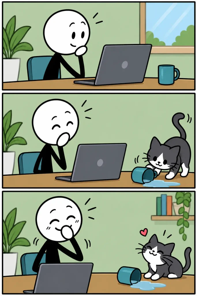Strip met drie panelen over grinniken: een vrolijk persoon zit achter een laptop wanneer een speelse kat een beker omstoot, waarna de persoon steeds meer geamuseerd raakt en uiteindelijk met de hand voor de mond zit te grinniken terwijl de kat tevreden naast de omgevallen beker zit.