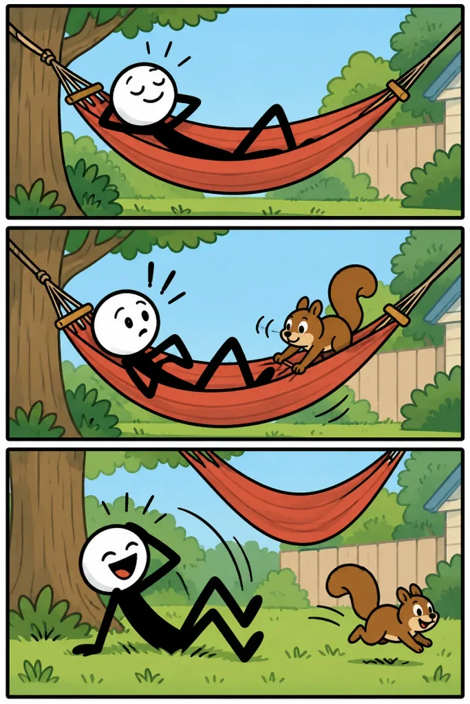 Humoristische strip in drie panelen waarin een ontspannen figuur in een hangmat plots bezoek krijgt van een ondeugende eekhoorn en uiteindelijk lachend op het gras belandt.