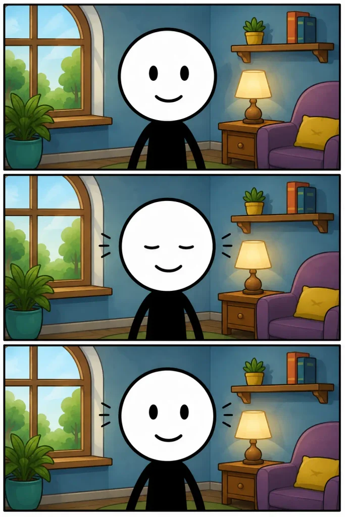 Strip over knipperen waarin de ogen eerst geopend zijn, daarna kort sluiten en vervolgens weer geopend worden.