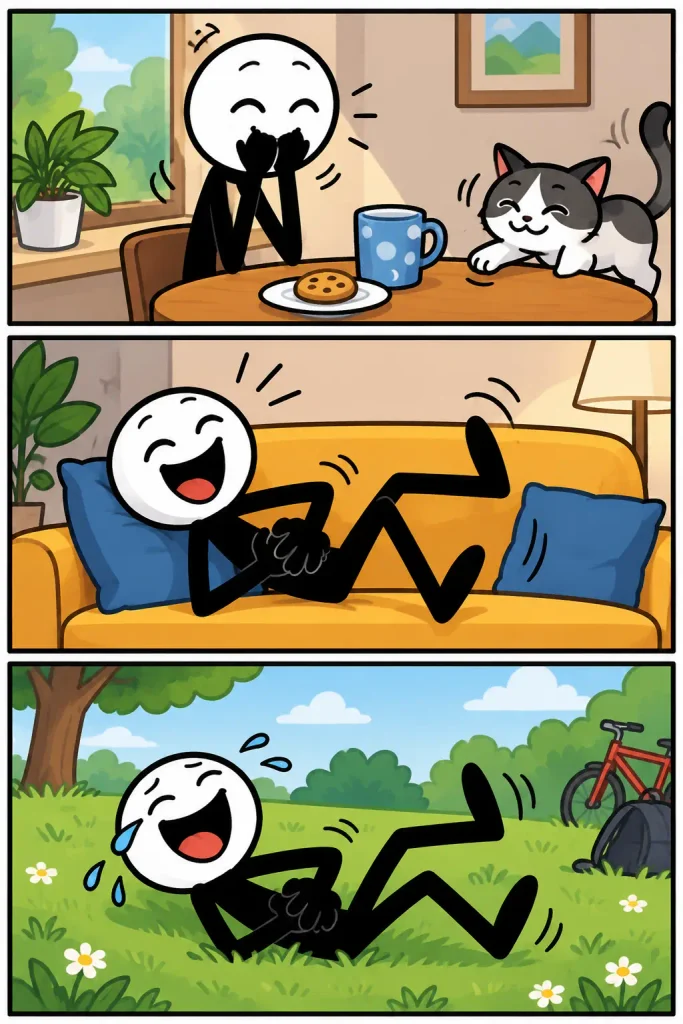 Strip met drie kleurrijke panelen over een lachbui: een vrolijk figuurtje begint aan tafel te lachen door een speelse kat, ligt daarna schaterend op de bank en eindigt buiten in het gras met tranen van het lachen.