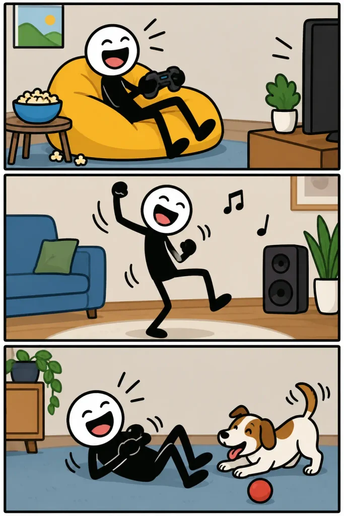Lol in drie vrolijke momenten: ontspannen gamen met popcorn, uitbundig dansen op muziek en samen met een speelse hond dubbel liggen van het lachen.