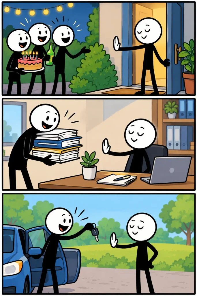 Strip met drie kleurrijke panelen waarin een stickman vriendelijk maar beslist nee zegt tegen een uitnodiging voor een feestje, extra werk op kantoor en het uitlenen van zijn auto. Met een glimlach en een opgeheven hand geeft hij telkens duidelijk zijn grenzen aan.