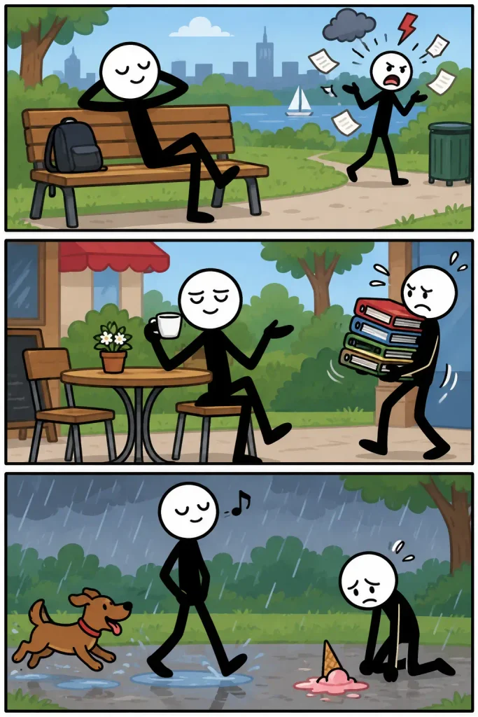 Strip over onverschillig zijn waarin iemand rustig blijft terwijl anderen zich druk maken, met problemen worstelen of verdrietig reageren op een tegenslag.