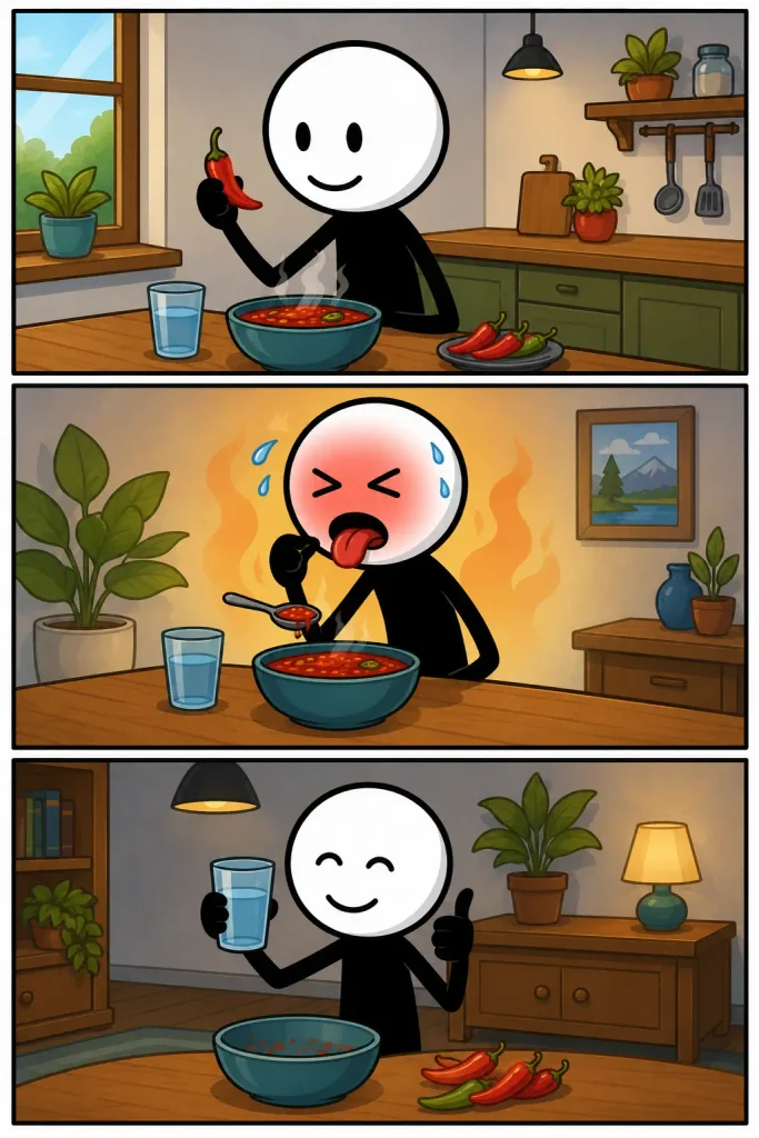 Strip over pittig waarin een maaltijd met chilipepers wordt geproefd, de scherpe smaak voor een vurige reactie zorgt en water daarna verkoeling geeft.