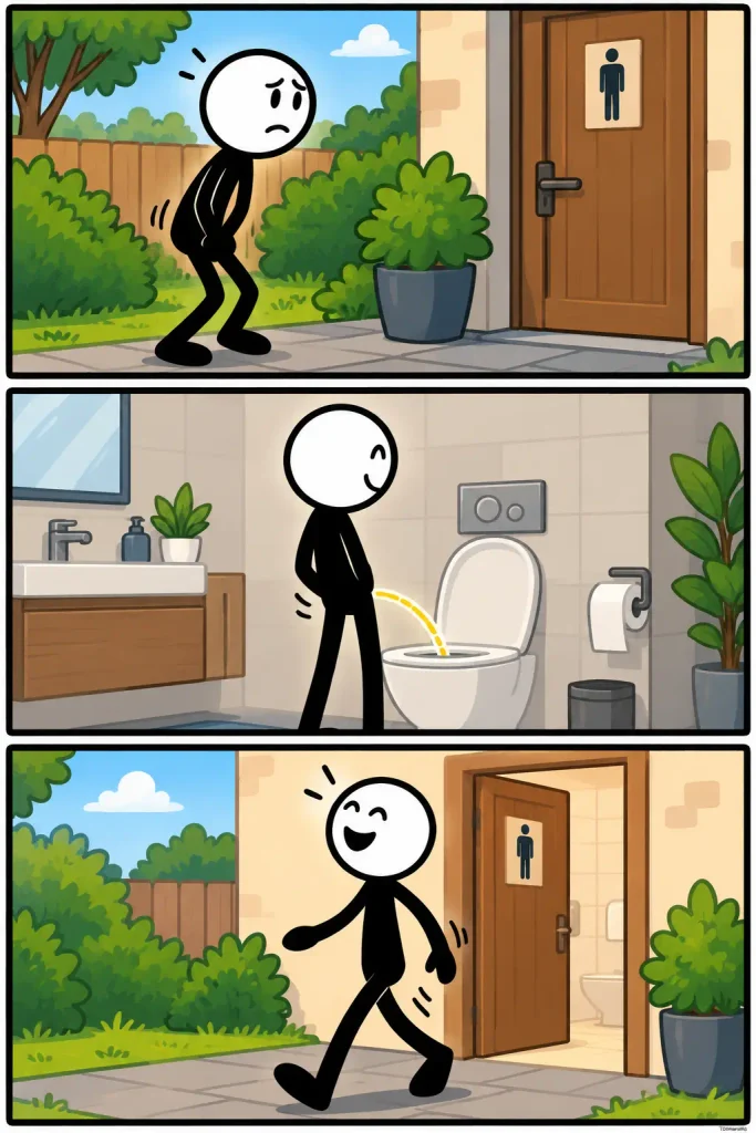 Strip over Plas waarin iemand dringend naar het toilet moet, opgelucht plast en daarna vrolijk en ontspannen weer naar buiten loopt.