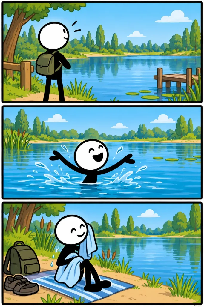 Strip over Plas (water) waarin iemand bij een rustige plas aankomt, enthousiast in het water zwemt en daarna ontspannen aan de oever zit om zich af te drogen.