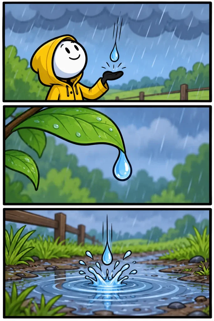 Strip over Regendruppel waarin een regendruppel tijdens een regenbui naar beneden valt, aan een groen blad hangt en uiteindelijk met een plons in een regenplas terechtkomt.