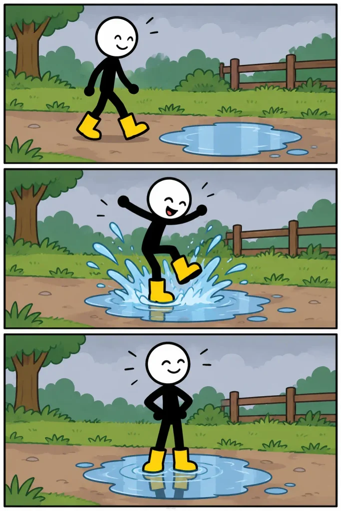 Strip in drie panelen over een regenplas: een vrolijk figuurtje loopt met gele regenlaarzen naar een grote plas, springt enthousiast in het water en staat daarna tevreden midden in de plas terwijl het water nog zachtjes kringelt.