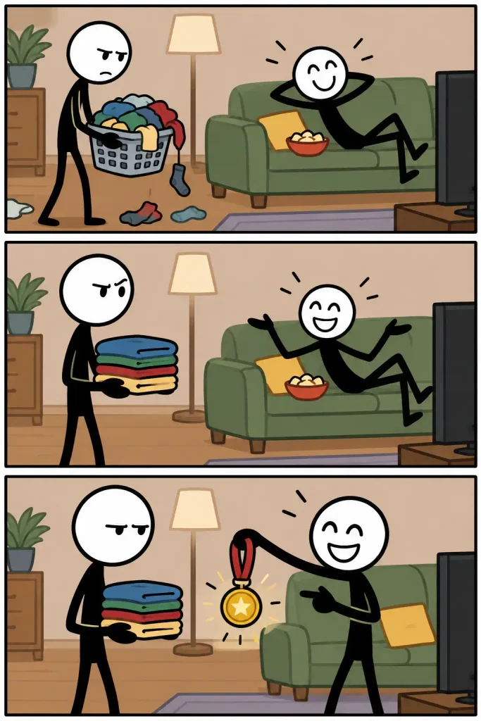 Strip over sarcasme waarin iemand een grote mand met was opruimt terwijl een ander ontspannen op de bank zit, waarna de harde werker uiteindelijk spottend een gouden medaille aangeboden krijgt.