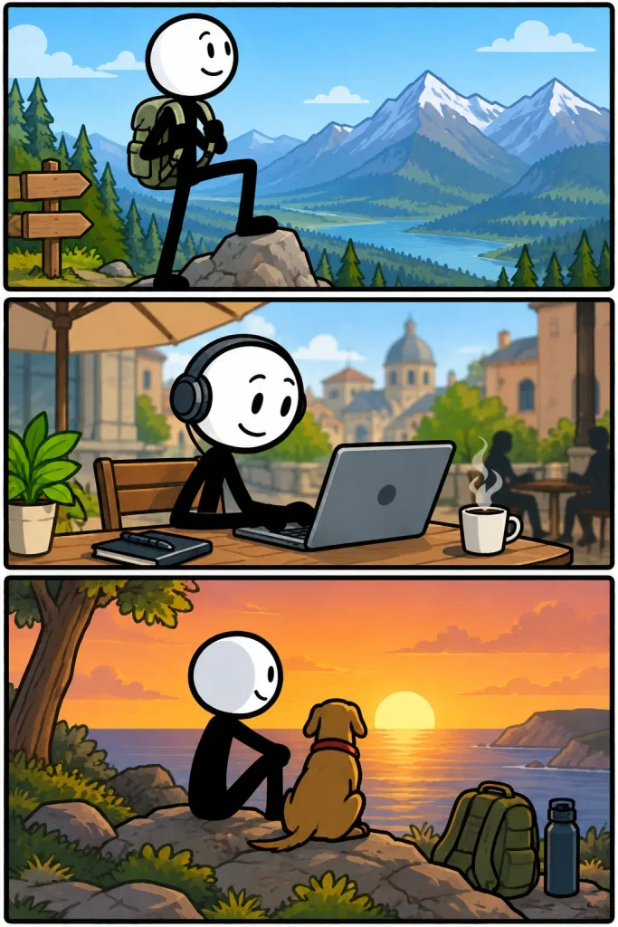 Een kleurrijke strip over een sigma male in drie panelen. Eerst trekt een vrolijke stickman zelfstandig door een indrukwekkend berglandschap. Vervolgens werkt hij geconcentreerd met een koptelefoon achter zijn laptop op een gezellig terras. Ten slotte geniet hij samen met zijn hond van een prachtige zonsondergang aan zee, tevreden met zijn vrijheid en onafhankelijkheid. Barry.