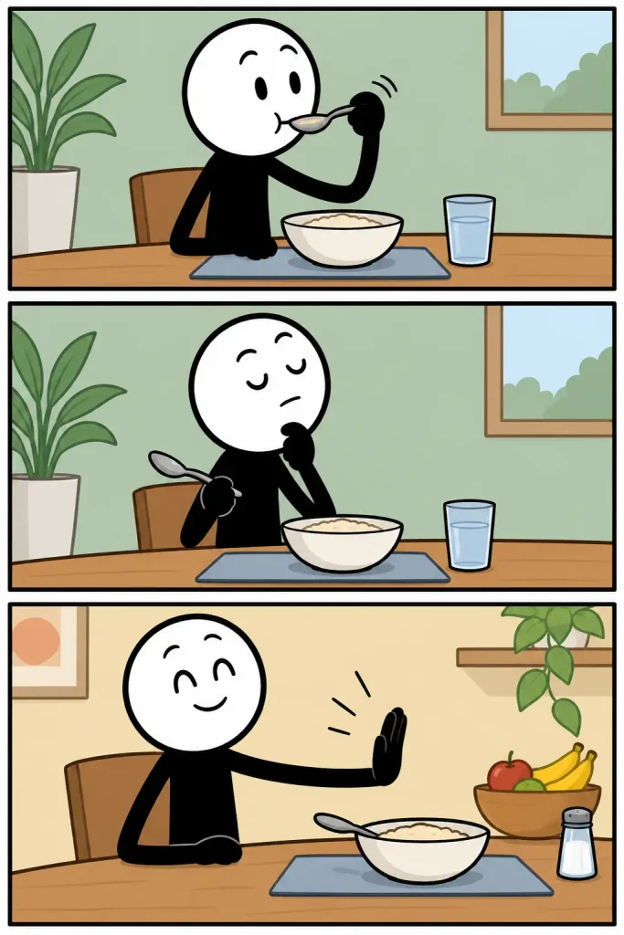 Een driedelige strip over smaakloos eten: een persoon proeft een neutraal gerecht, merkt dat er nauwelijks smaak aan zit en besluit het uiteindelijk vriendelijk te laten staan.