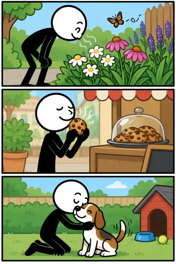 Snuffelen: Een persoon ruikt aandachtig aan bloemen, daarna aan een vers koekje en geniet ten slotte samen met een vrolijke hond in de tuin.