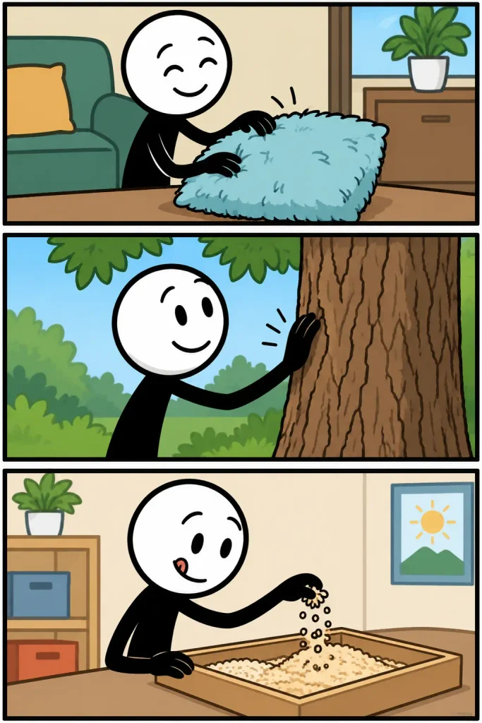 Een kleurrijke strip over tastzin waarin een vrolijk figuurtje achtereenvolgens een zachte pluizige kussenstof voelt, met de hand over de ruwe schors van een boom gaat en korrelige materialen tussen de vingers laat glijden.