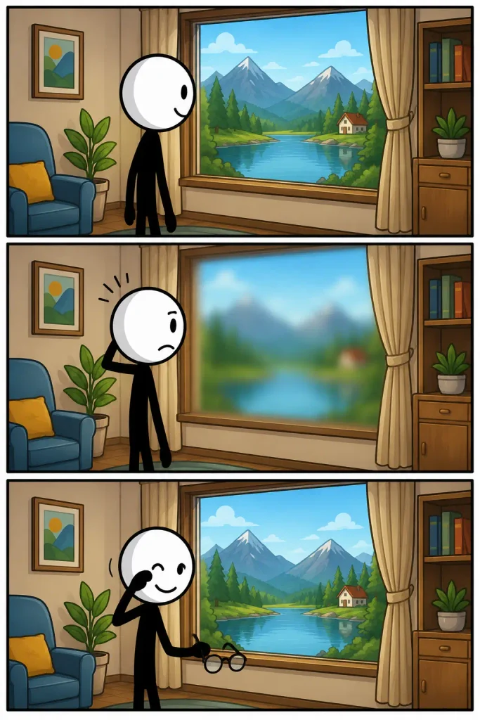 Strip over wazig zien waarin een landschap eerst scherp zichtbaar is, daarna onscherp wordt waargenomen en vervolgens weer helder verschijnt.