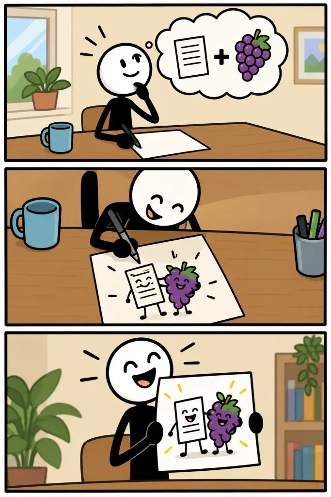 Strip met drie panelen over een woordgrap: een vrolijke figuur bedenkt aan een bureau een combinatie van een vel papier en druiven, tekent beide als grappige personages en presenteert daarna trots het resultaat.
