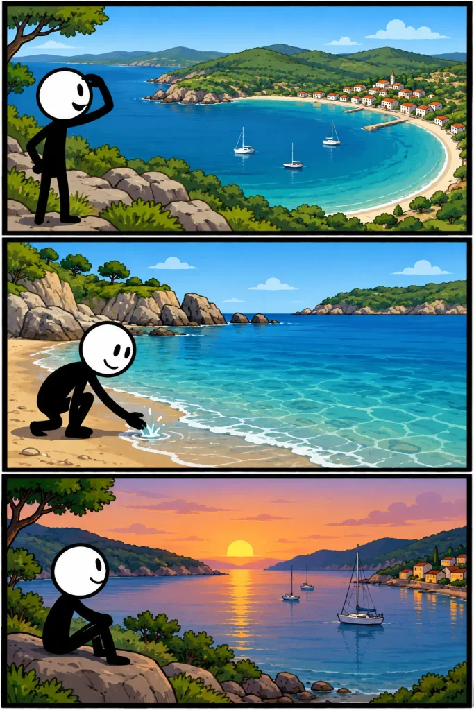 Strip over een baai met helderblauw water, een beschutte gebogen kust, rotsachtige heuvels, een klein kustdorp en zeilboten, gevolgd door een rustig strand en een sfeervolle zonsondergang over het water.