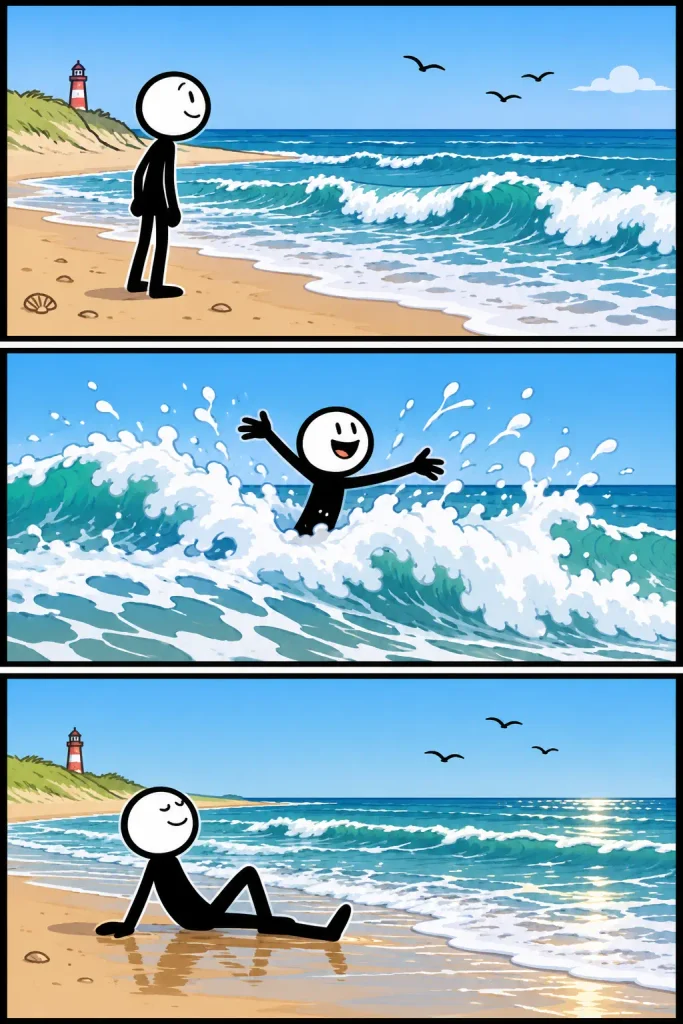 Strip over branding aan de kust: golven rollen richting het strand, schuimend zeewater omringt een vrolijke badgast en uiteindelijk komt de branding rustig uit over het natte zand.