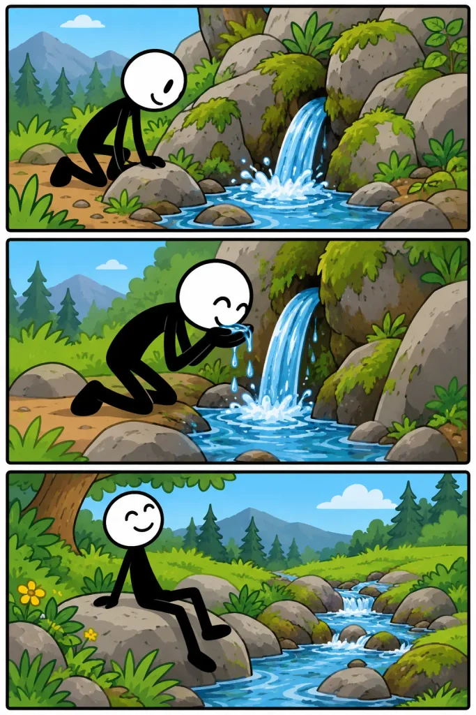 Een vrolijke stickman ontdekt een natuurlijke bron tussen rotsen en groen, drinkt van het heldere water en rust daarna tevreden uit bij het water dat verder door het landschap stroomt.