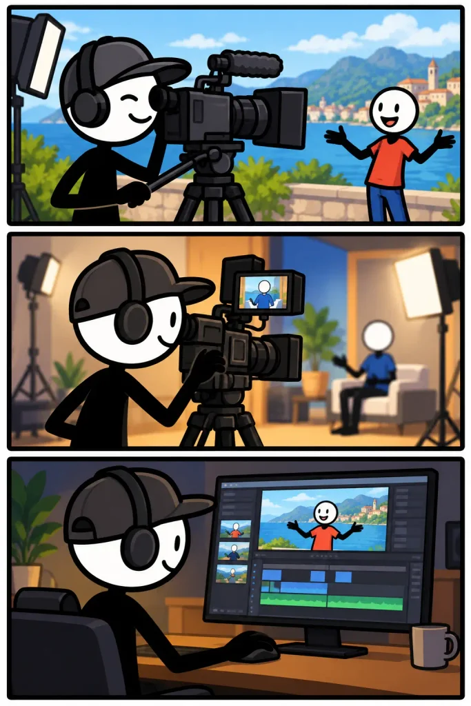 Een cameraman filmt buiten bij het water, neemt daarna een scène op in een studio en bekijkt ten slotte de gemaakte beelden op een beeldscherm.