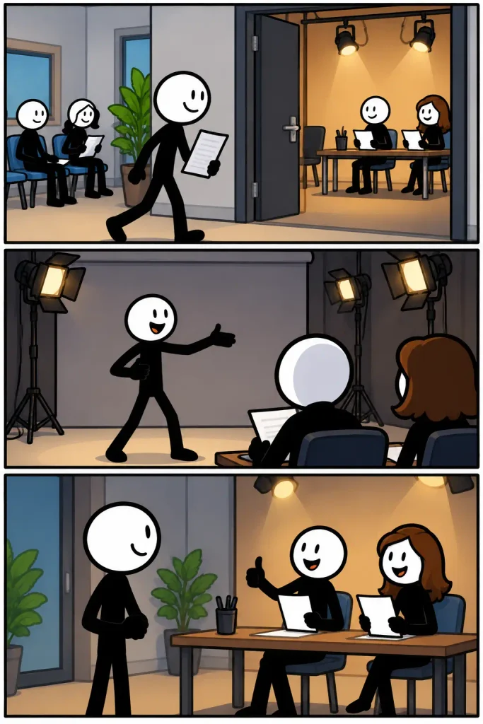 Casting waarbij een kandidaat met een script binnenkomt, auditie doet voor een jury en na afloop een positieve beoordeling krijgt.