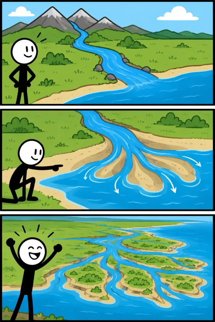 Strip in drie panelen over een delta: een rivier stroomt vanuit de bergen naar zee, splitst zich bij de monding in meerdere waterlopen en vormt uiteindelijk een uitgestrekt landschap van vertakkende rivierarmen, zandbanken en groene eilanden.