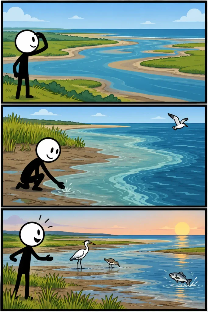 Strip over een estuarium waarin een rivier uitmondt in zee, met kronkelende watergeulen, zandbanken en moerasvegetatie, gevolgd door brak water langs de oever en een vogelrijk getijdengebied met vissen.