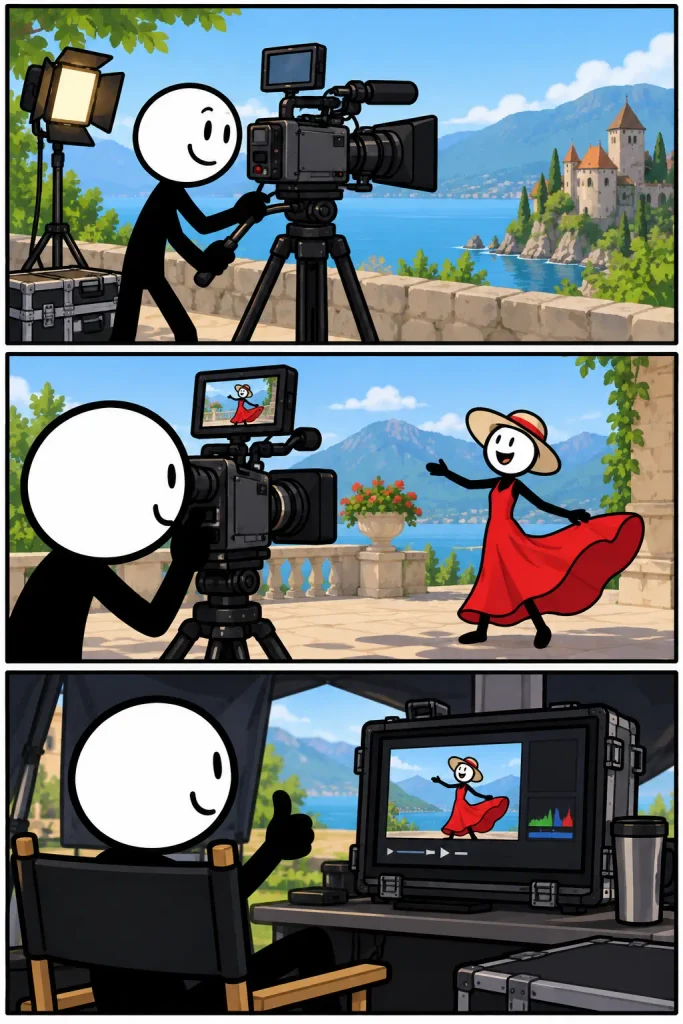 Filmcamera op statief waarmee buiten bij een meer opnamen van een actrice worden gemaakt en de opgenomen beelden daarna worden bekeken.