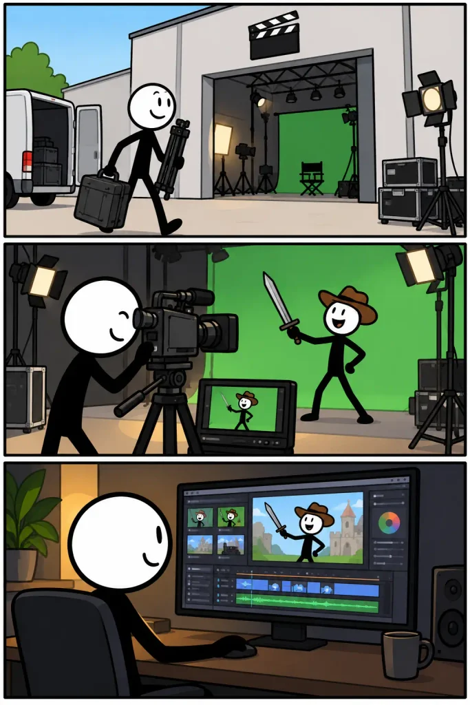 Filmstudio met drie scènes waarin filmapparatuur wordt klaargezet, een acteur voor een camera wordt gefilmd en de opgenomen beelden daarna worden gemonteerd.