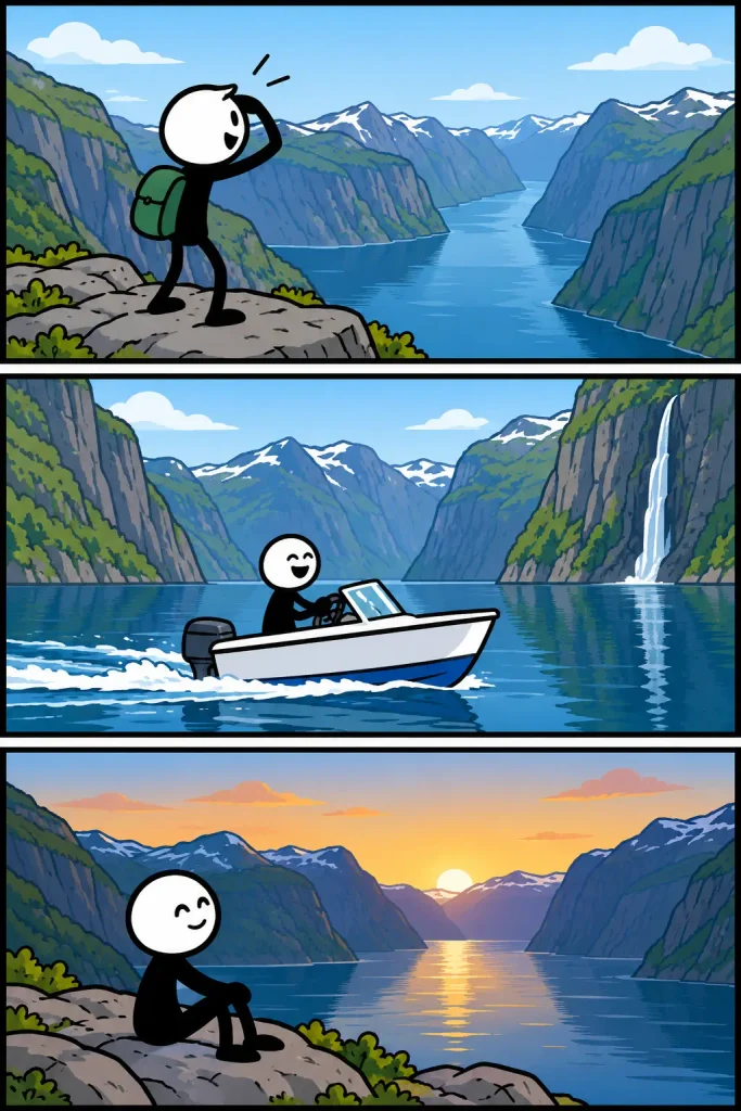 Een fjord tussen hoge, steile bergen, waar een wandelaar vanaf de rotsen over het water uitkijkt, vervolgens met een boot langs een waterval vaart en bij zonsondergang geniet van het rustige berglandschap.
