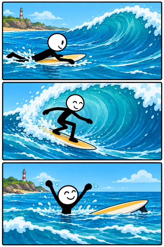 Een vrolijke stickman peddelt op een surfplank naar een grote golf, surft door het opspattende water en viert daarna enthousiast zijn avontuur tussen de golven.