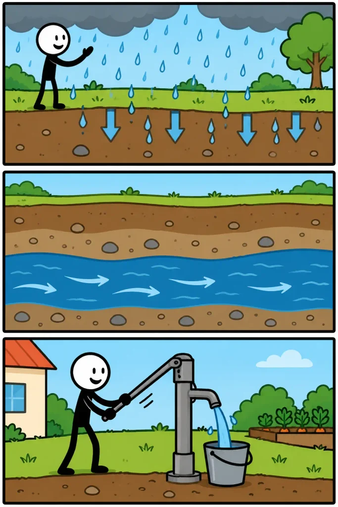 Strip over grondwater waarin regen in de bodem zakt, water zich ondergronds verzamelt en via een waterpomp weer naar boven wordt gehaald.