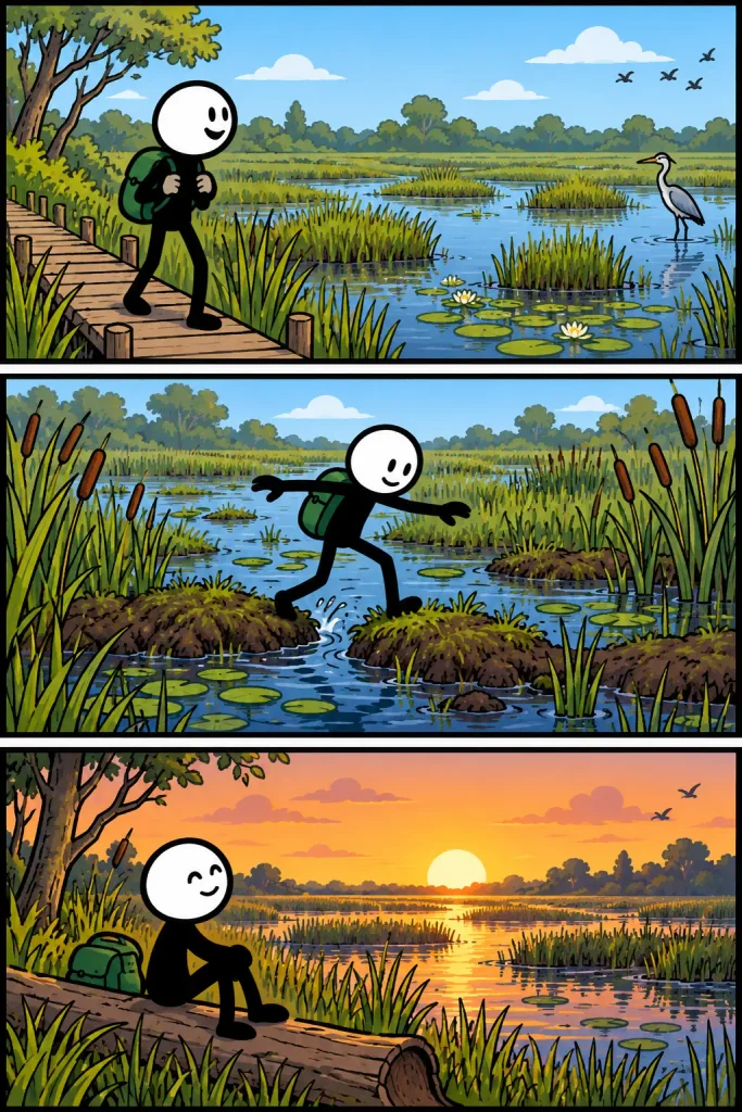 Een uitgestrekt moeras met ondiep water, riet, waterlelies en kleine begroeide eilandjes, waar een wandelaar over een vlonder loopt, tussen de natte stukken zijn weg zoekt en bij zonsondergang aan het water uitrust.