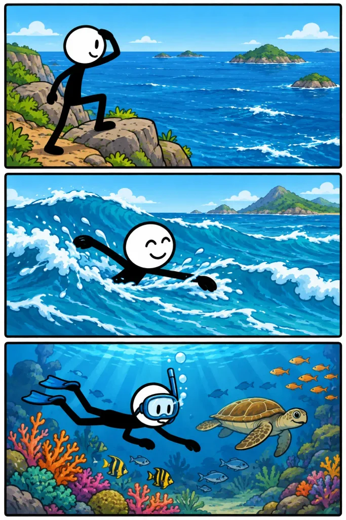 Een vrolijke stickman ontdekt de uitgestrekte oceaan vanaf een rotsachtige kust, zwemt tussen de hoge golven en verkent daarna onder water een kleurrijk koraalrif met vissen en een zeeschildpad.