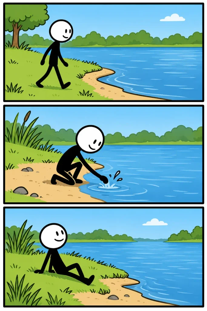 Strip met drie panelen over een oever: een vrolijk figuurtje loopt langs de groene waterkant, raakt vervolgens geknield het water aan en zit daarna ontspannen op het gras naast het rustige blauwe water.