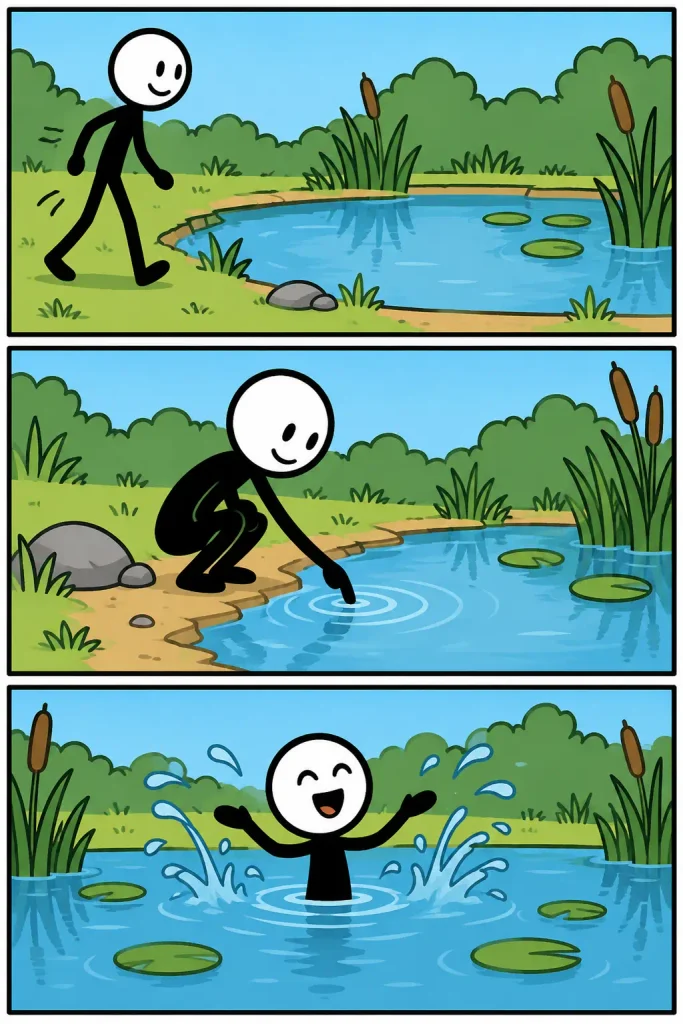 Strip met drie kleurrijke panelen over een poel: een vrolijke figuur loopt naar het kleine water, onderzoekt het oppervlak met zijn hand en staat daarna enthousiast in de poel terwijl het water rondom opspat.