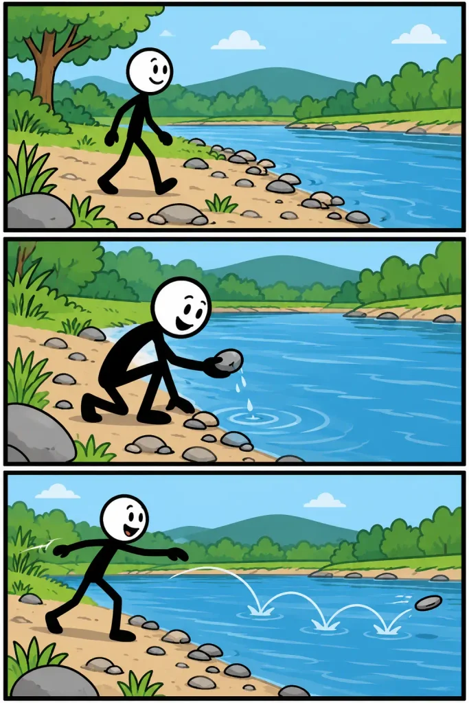 Drie kleurrijke stripscènes tonen een rivieroever waar een vrolijke figuur langs het water loopt, tussen de stenen een platte steen uitkiest en deze vervolgens over het rivieroppervlak laat ketsen.