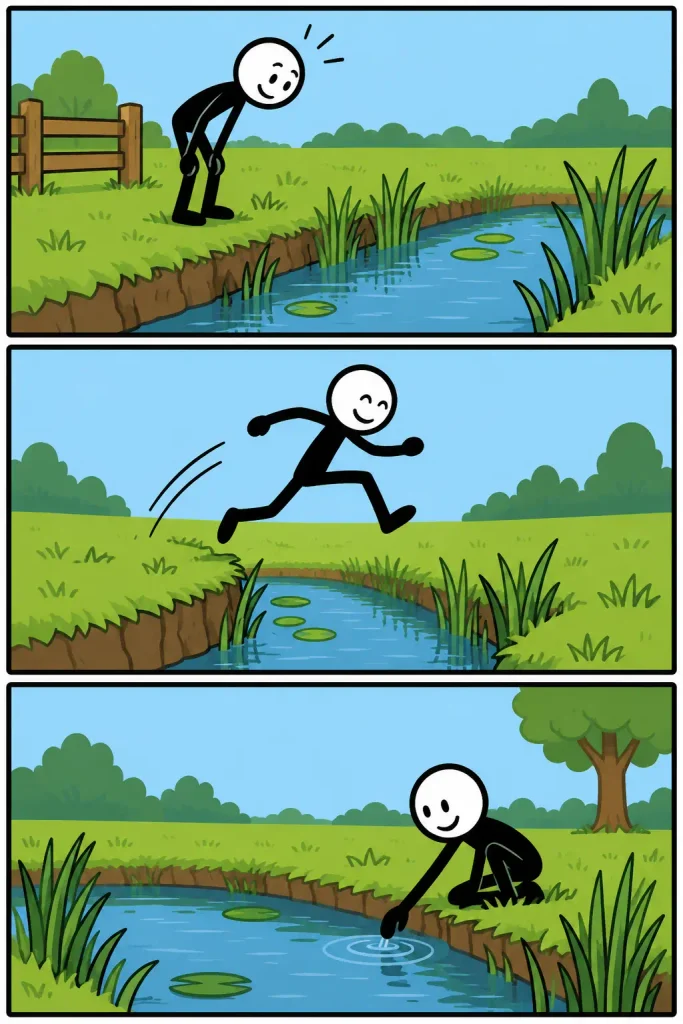 Een vrolijke stickman ontdekt een sloot in een groen landschap, springt over het smalle water en onderzoekt daarna vanaf de oever nieuwsgierig het water tussen riet en waterlelies.