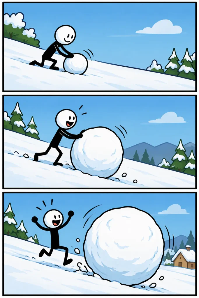 Strip met drie panelen over het sneeuwbaleffect: een kleine sneeuwbal wordt voortgeduwd, groeit tijdens het rollen steeds verder en eindigt als een enorme sneeuwbal die zelfstandig de besneeuwde helling afrolt.