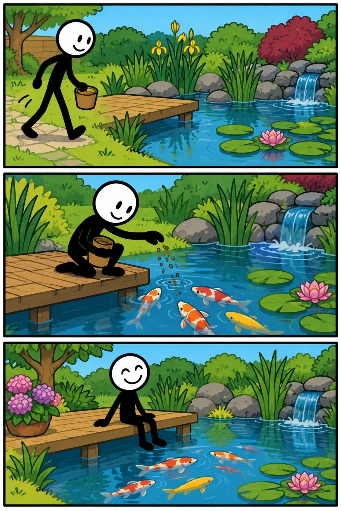 Strip met drie kleurrijke panelen over een vijver in een groene tuin: een vrolijke figuur loopt met vissenvoer naar het water, voert vanaf een houten vlonder de kleurrijke vissen en geniet daarna ontspannen van de vijver met waterlelies en een kleine waterval.
