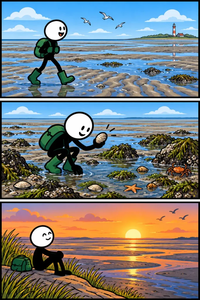 Een uitgestrekt wad bij laagwater met zandplaten, ondiepe geulen en zeewier, waar een wandelaar met laarzen over de natte bodem loopt, schelpen en zeedieren ontdekt en bij zonsondergang over het drooggevallen landschap uitkijkt.