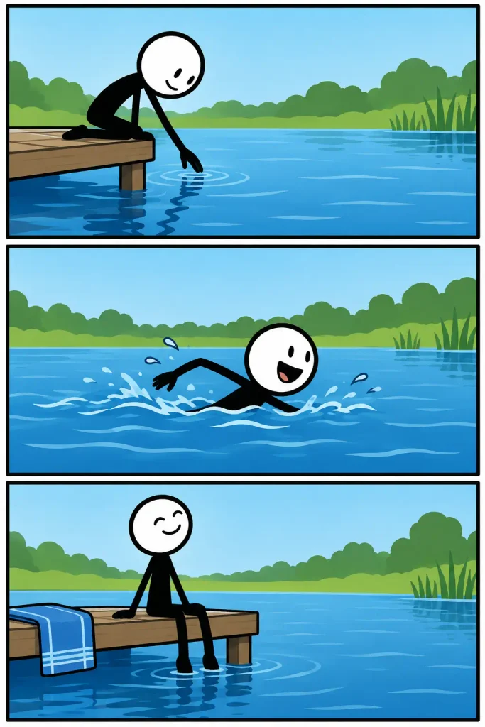 Wateroppervlak met lichte golven en kringen, terwijl een figuur het water aanraakt, erdoorheen zwemt en daarna ontspannen met de voeten in het water zit.