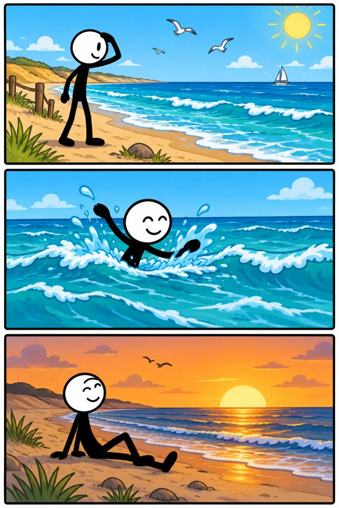 Een vrolijke stickman ontdekt de zee vanaf het strand, speelt enthousiast tussen de golven en geniet later ontspannen van de ondergaande zon aan de kust.