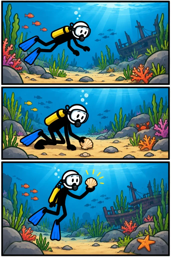 Drie kleurrijke onderwaterscènes tonen de zeebodem met zand, rotsen, waterplanten, koralen en vissen, terwijl een duiker tussen het zeeleven een schelp ontdekt en deze van dichtbij bekijkt.